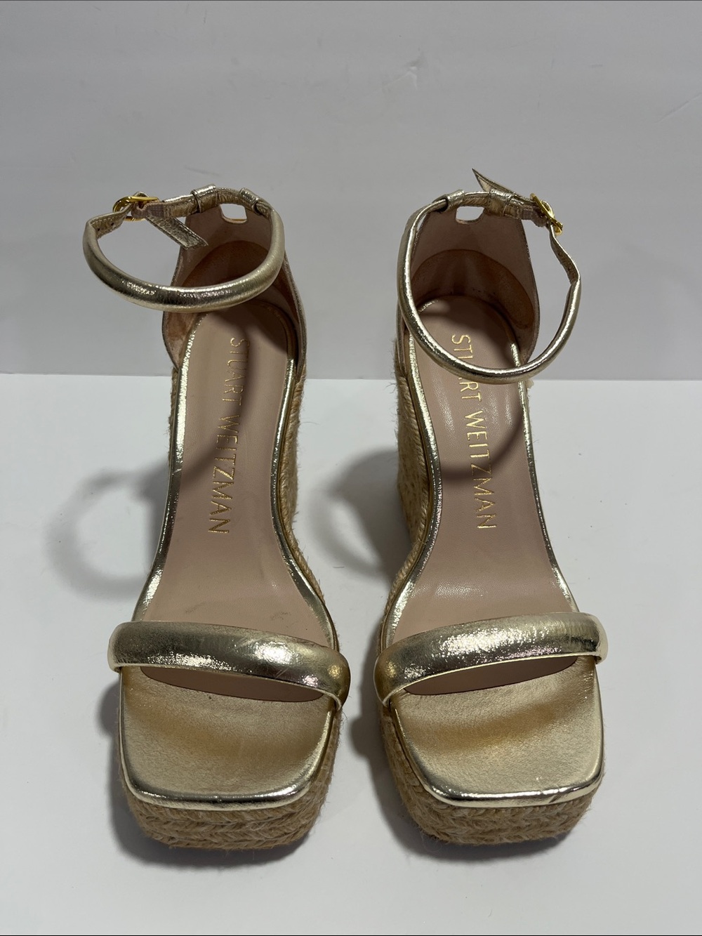 Stuart Weitzman Metallic Gold Espadrille Wedge Sandals Sz 37.5 - Picture 2 of 7